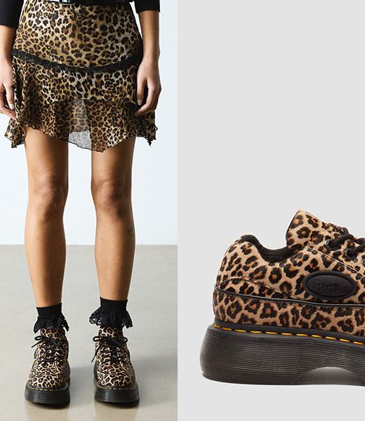 Leopard print Buzz platform shoes leg down image worn with frilly socks
