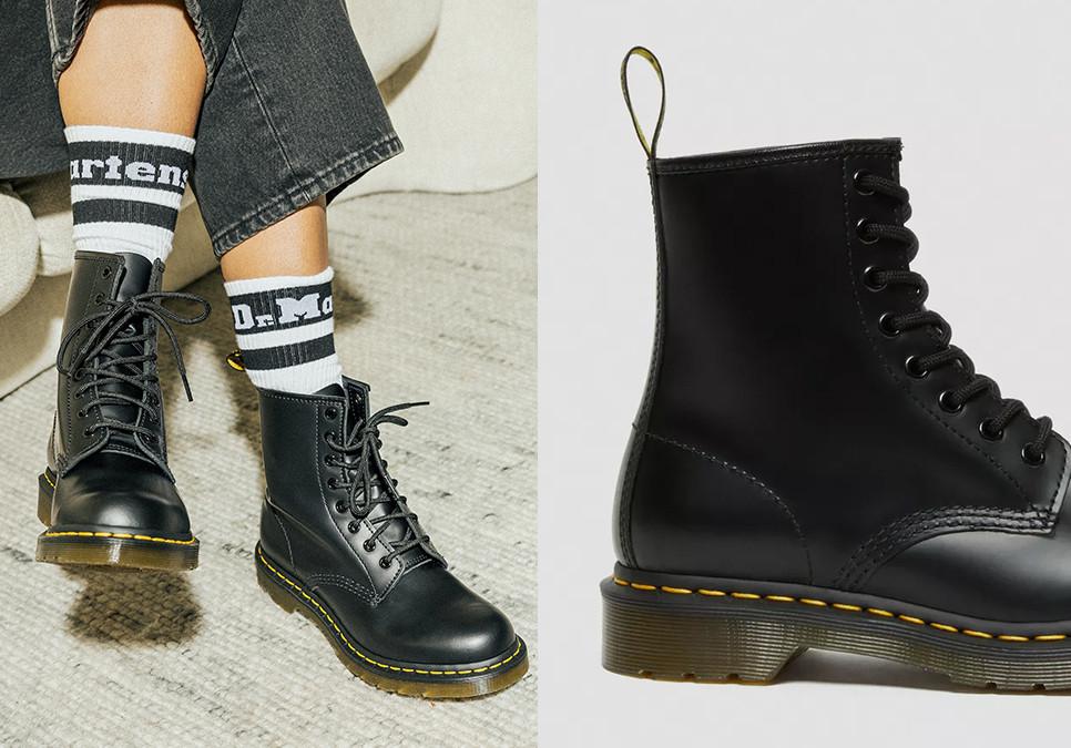 Black 1460 lace up ankle boots leg down image worn with Dr. Martens socks
