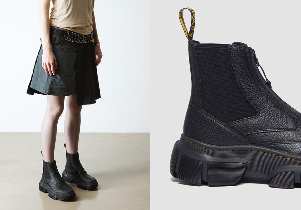 Black DMXL platform boots leg down image with closeup of DMXL sole
