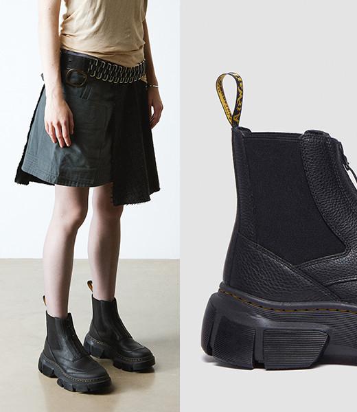 Black DMXL platform boots leg down image with closeup of DMXL sole
