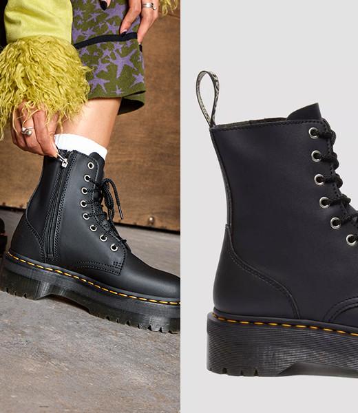 Black Quad Jadon platform boots leg down image worn with skirt and white socks
