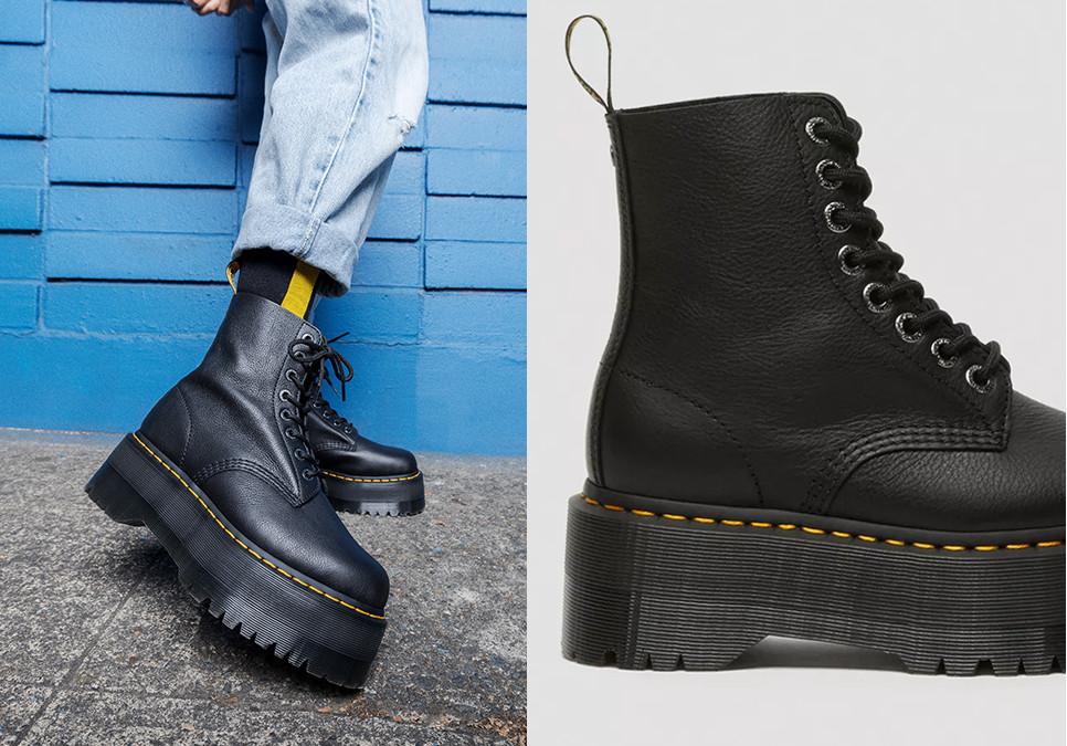 Black Quad Max platform boots leg down image worn with jeans and yellow Docs socks
