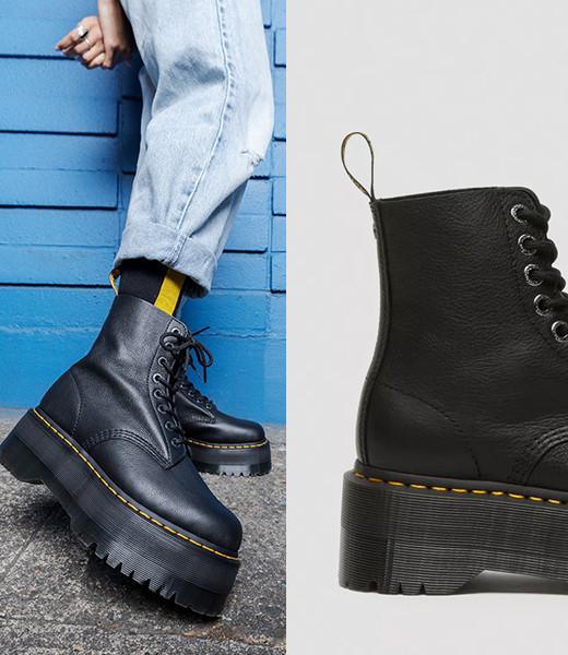 Black Quad Max platform boots leg down image worn with jeans and yellow Docs socks
