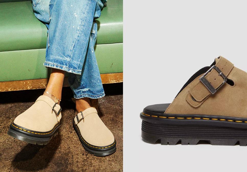 Neutral Zebzag platform mules leg down image worn with jeans
