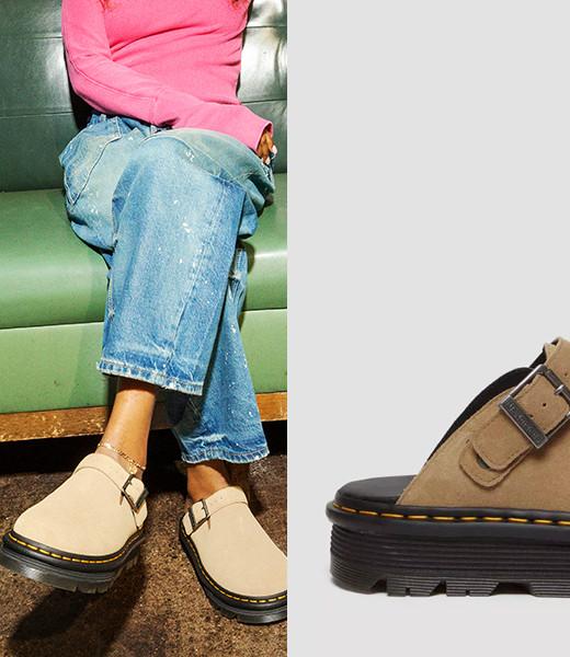 Neutral Zebzag platform mules leg down image worn with jeans
