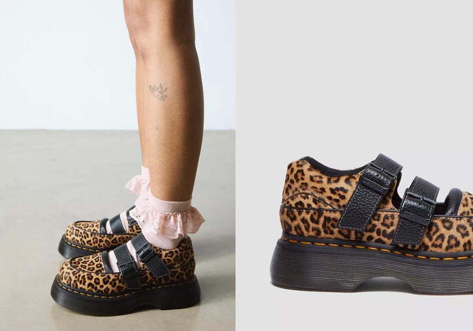 Leopard print Buzz platform shoes leg down image worn with frilly socks
