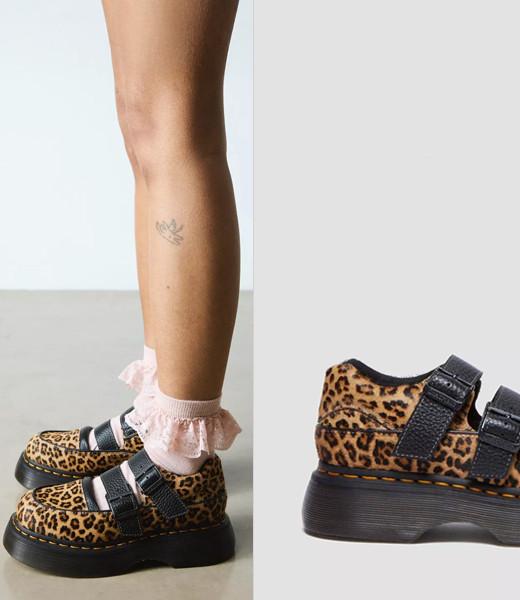 Leopard print Buzz platform shoes leg down image worn with frilly socks
