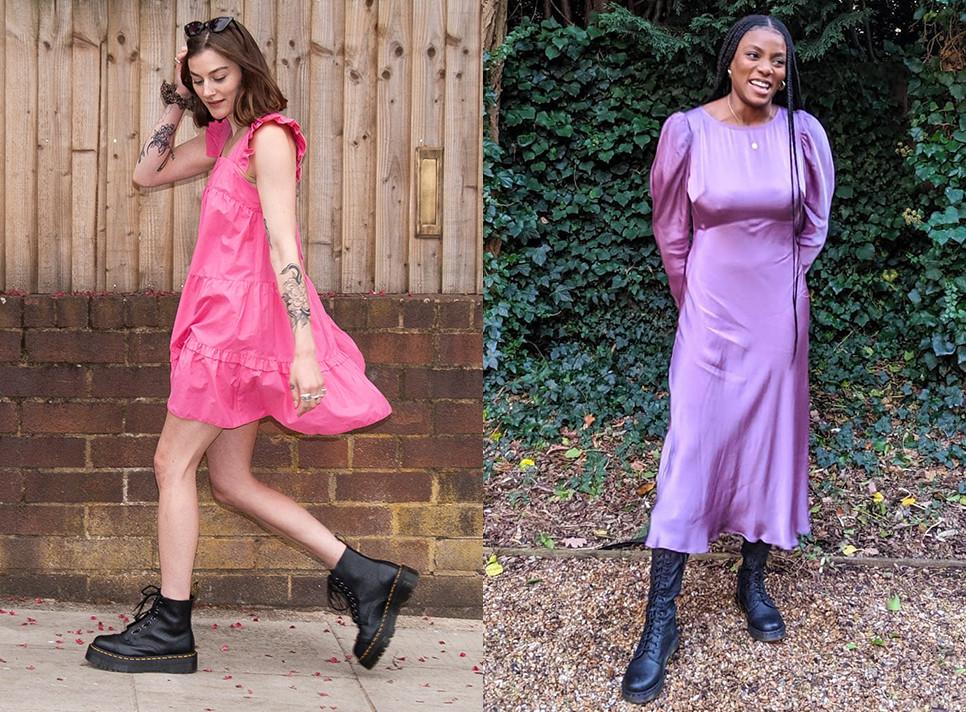 Two women's styling ideas wearing dresses with Dr. Martens boots