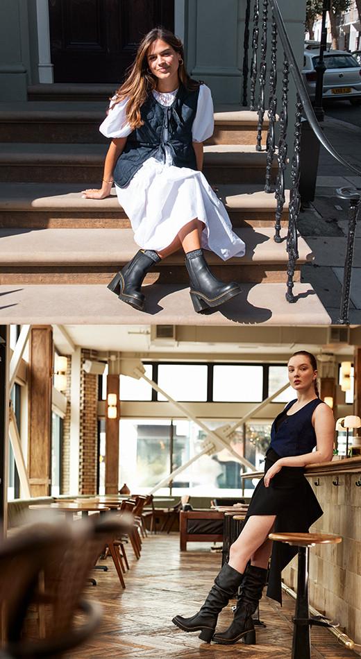 Two dressy outfit ideas with Dr. Martens heels
