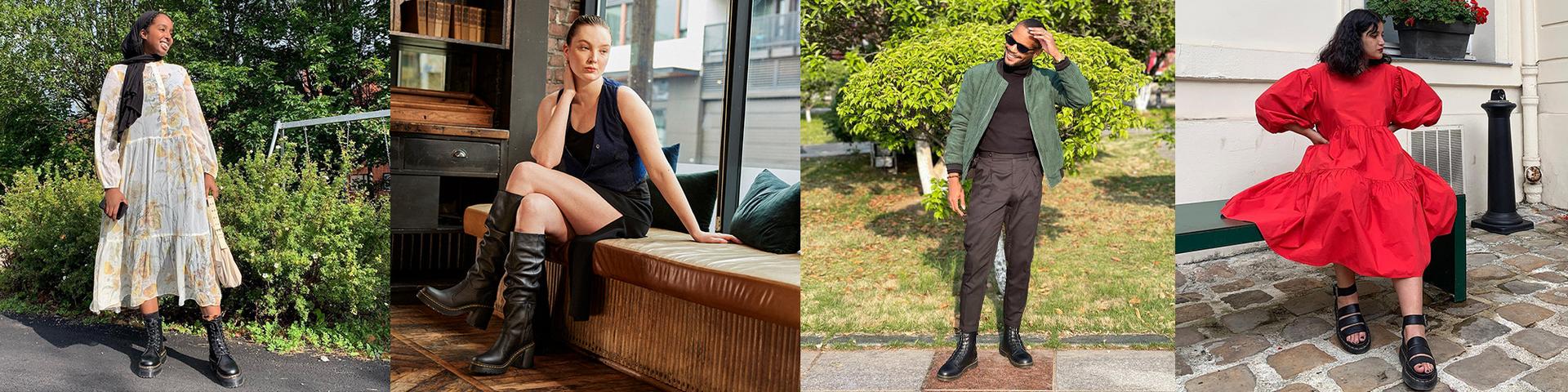 Four formal outfits with Dr. Martens boots, shoes, and sandals
