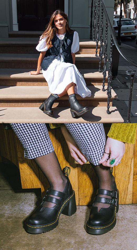 Two dressy outfit ideas with Dr. Martens heels
