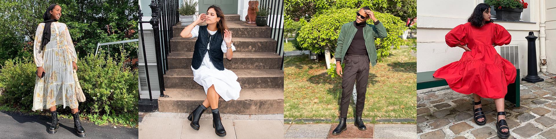 Four formal outfits with Dr. Martens boots, shoes, and sandals
