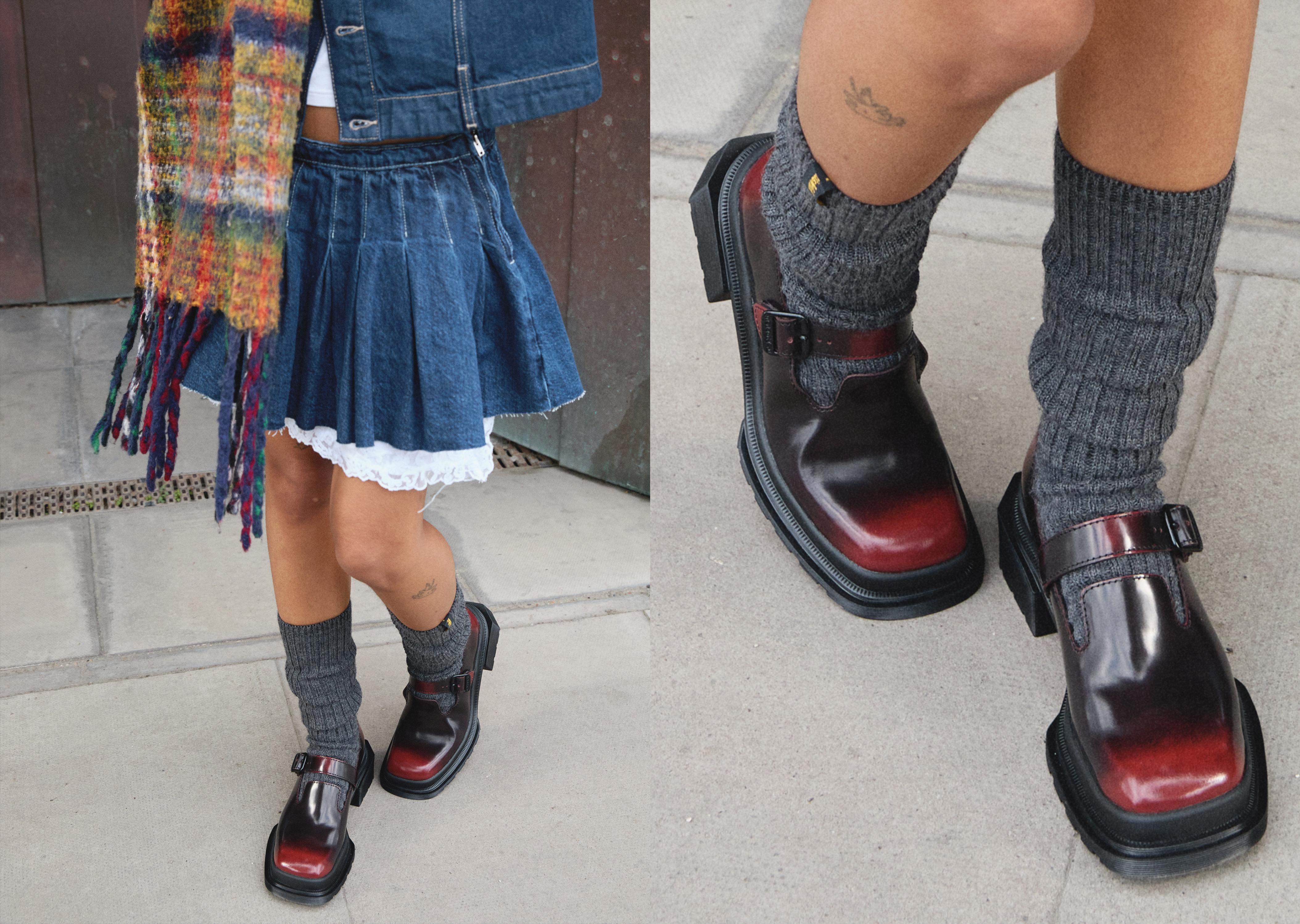 Outfit with Dr. Martens red black square toe mary jane shoes