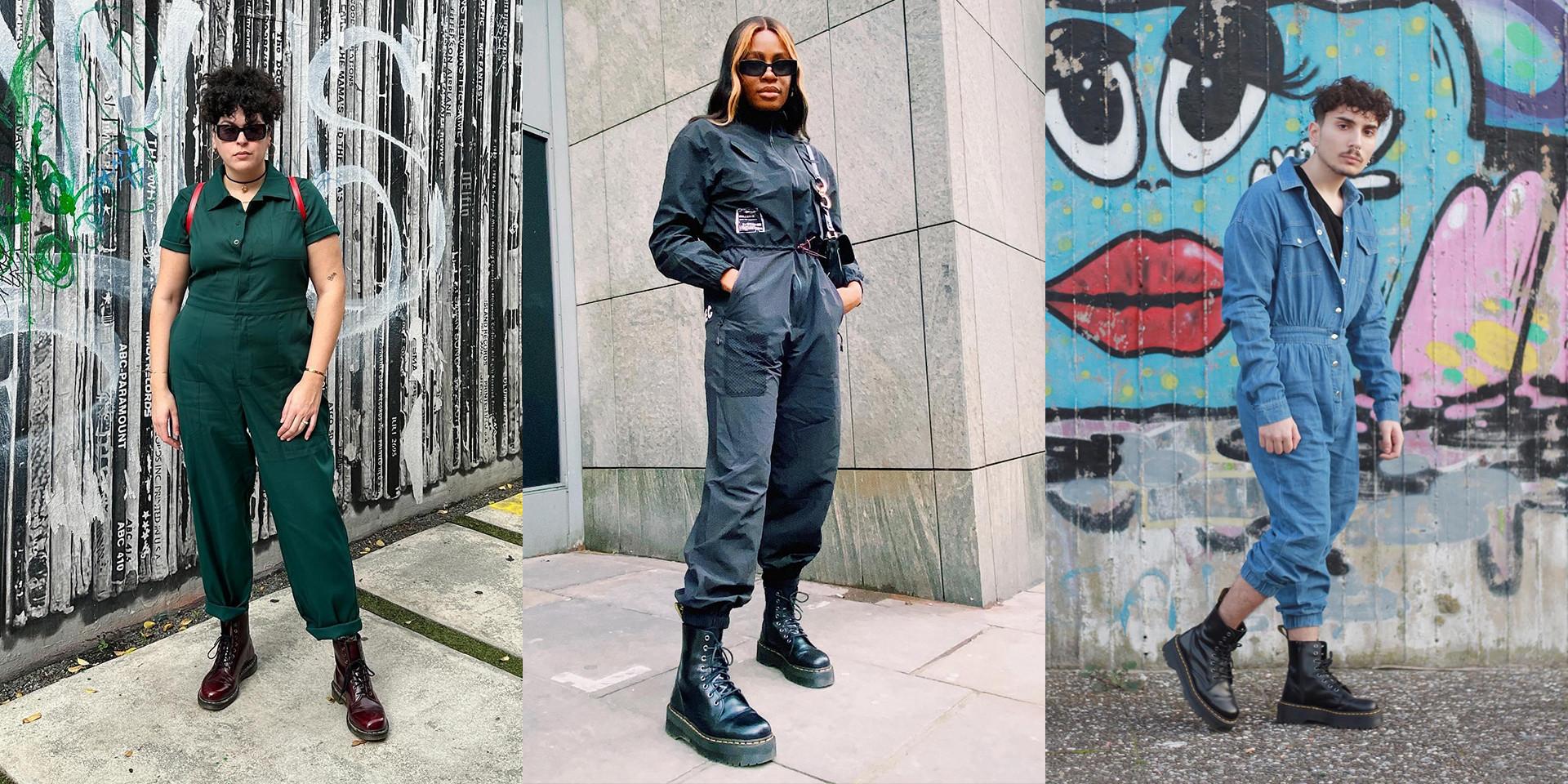 Three workwear style outfits with Dr. Martens and jumpsuits