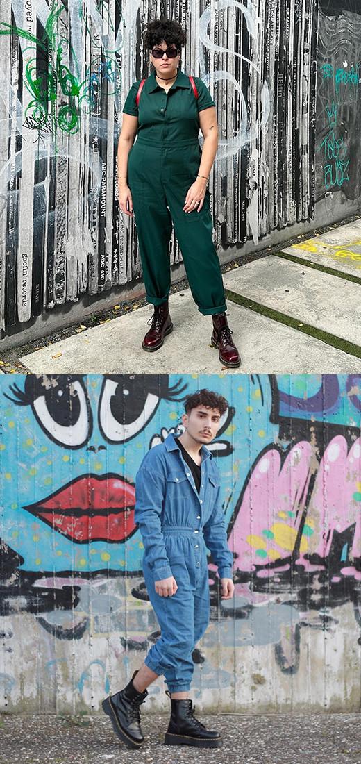 Two workwear style outfits with Dr. Martens and jumpsuits