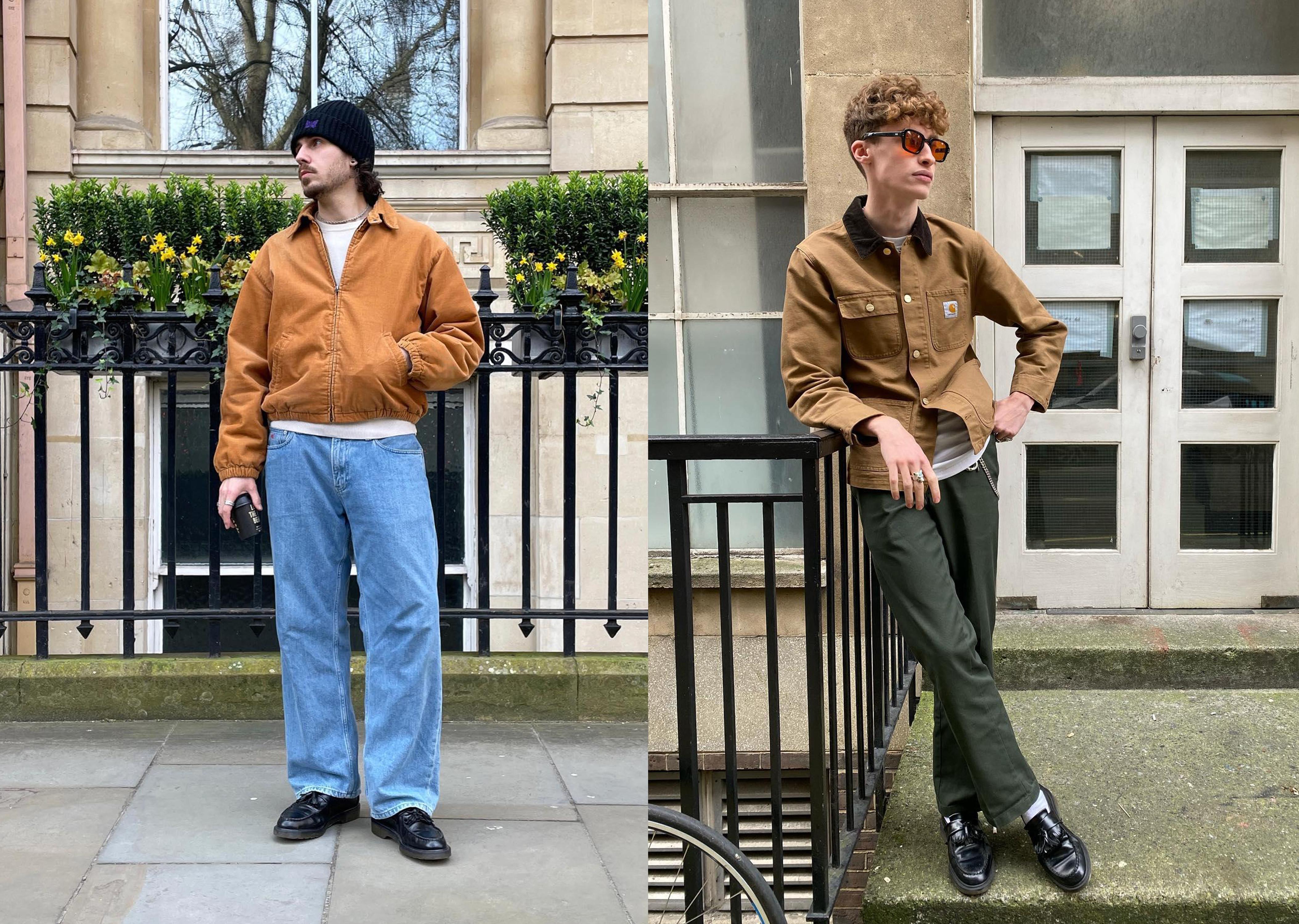 Two workwear style outfits with Dr. Martens loafers and utility jackets