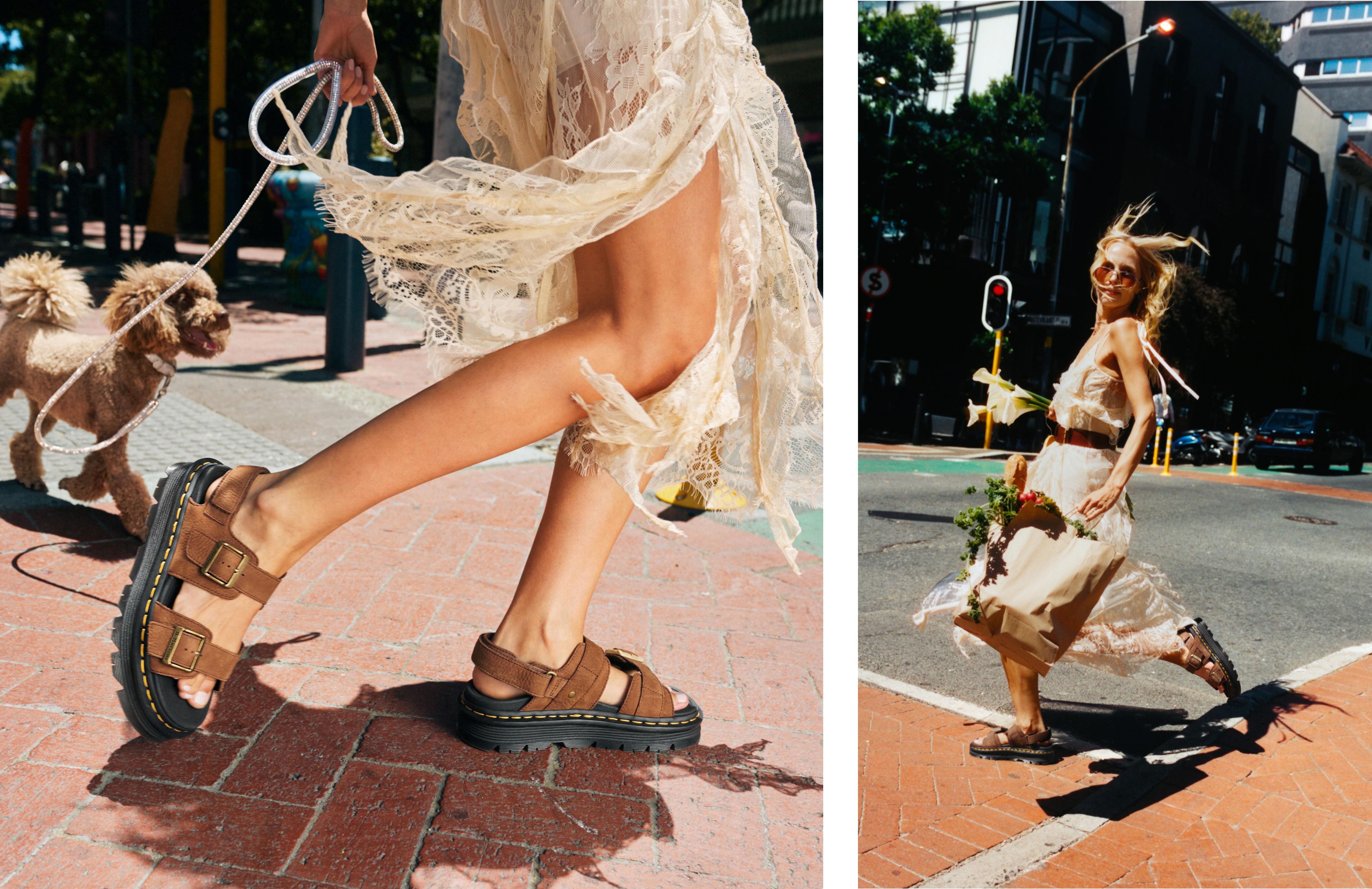 Banner showcasing a stylish outfit idea featuring the Zebzag Nubuck Platform Sandals and a close up shot of them