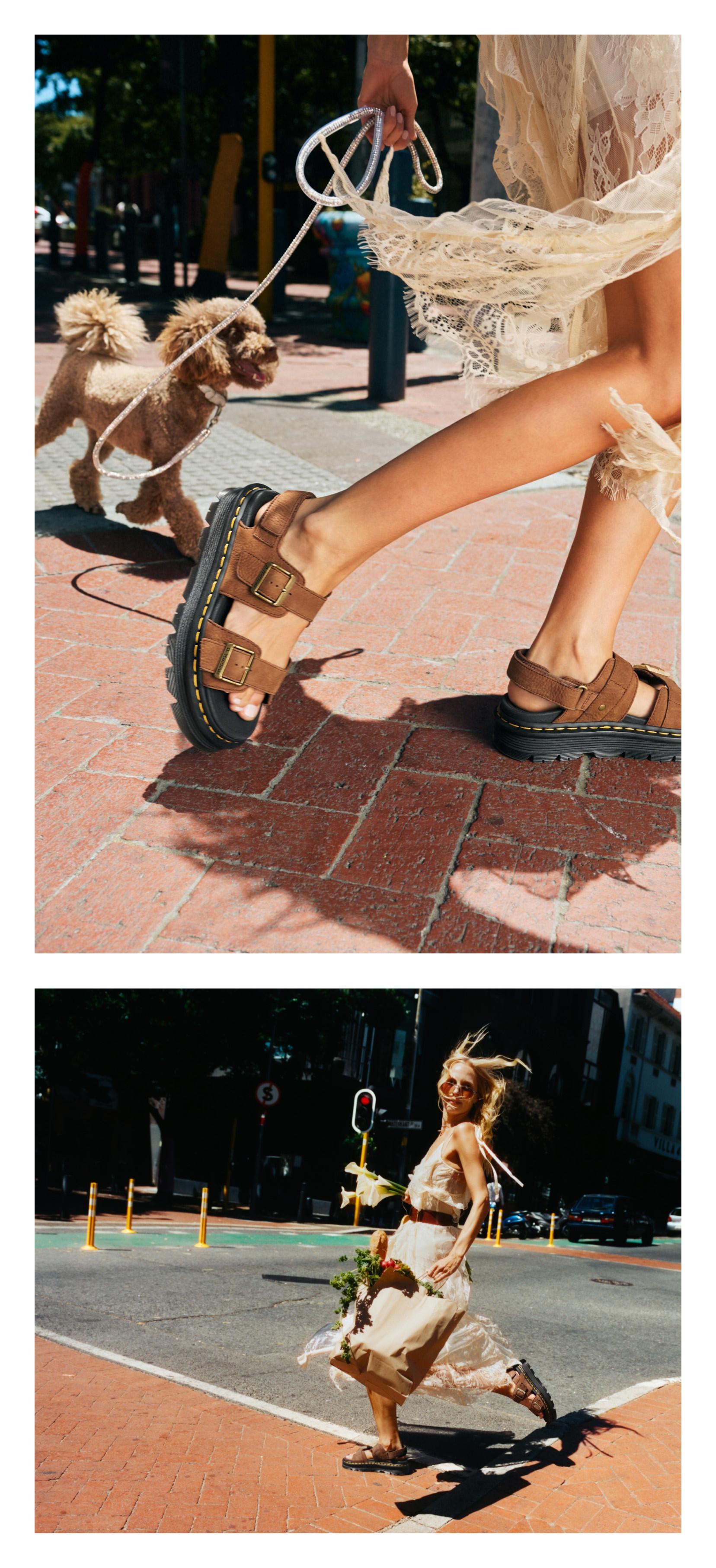 Close up shot the Zebzag Nubuck Platform Sandals and a stylish outfit idea featuring them