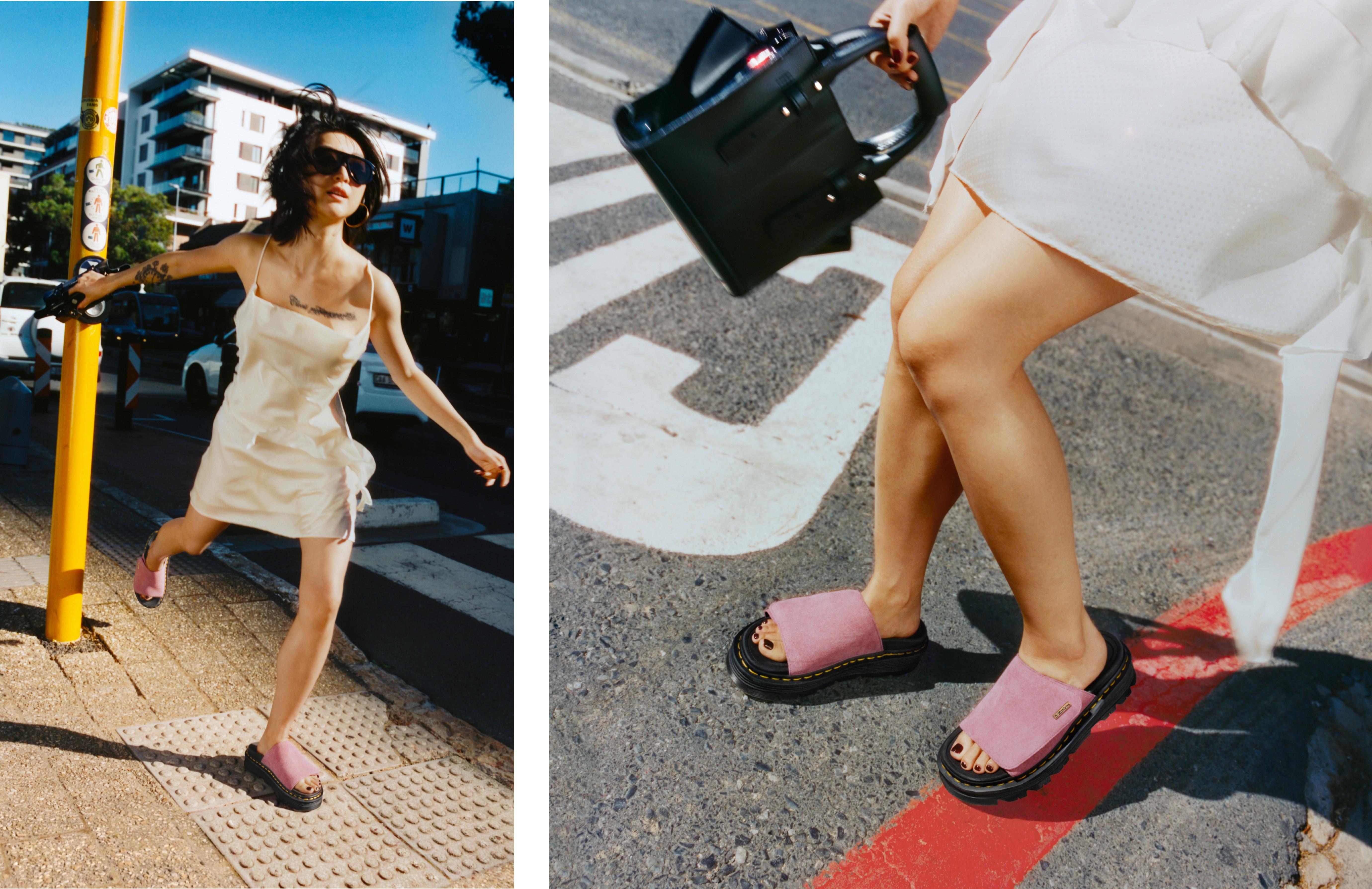 Banner showcasing a stylish outfit idea featuring the Zebzag Slide sandals and a close up shot of them