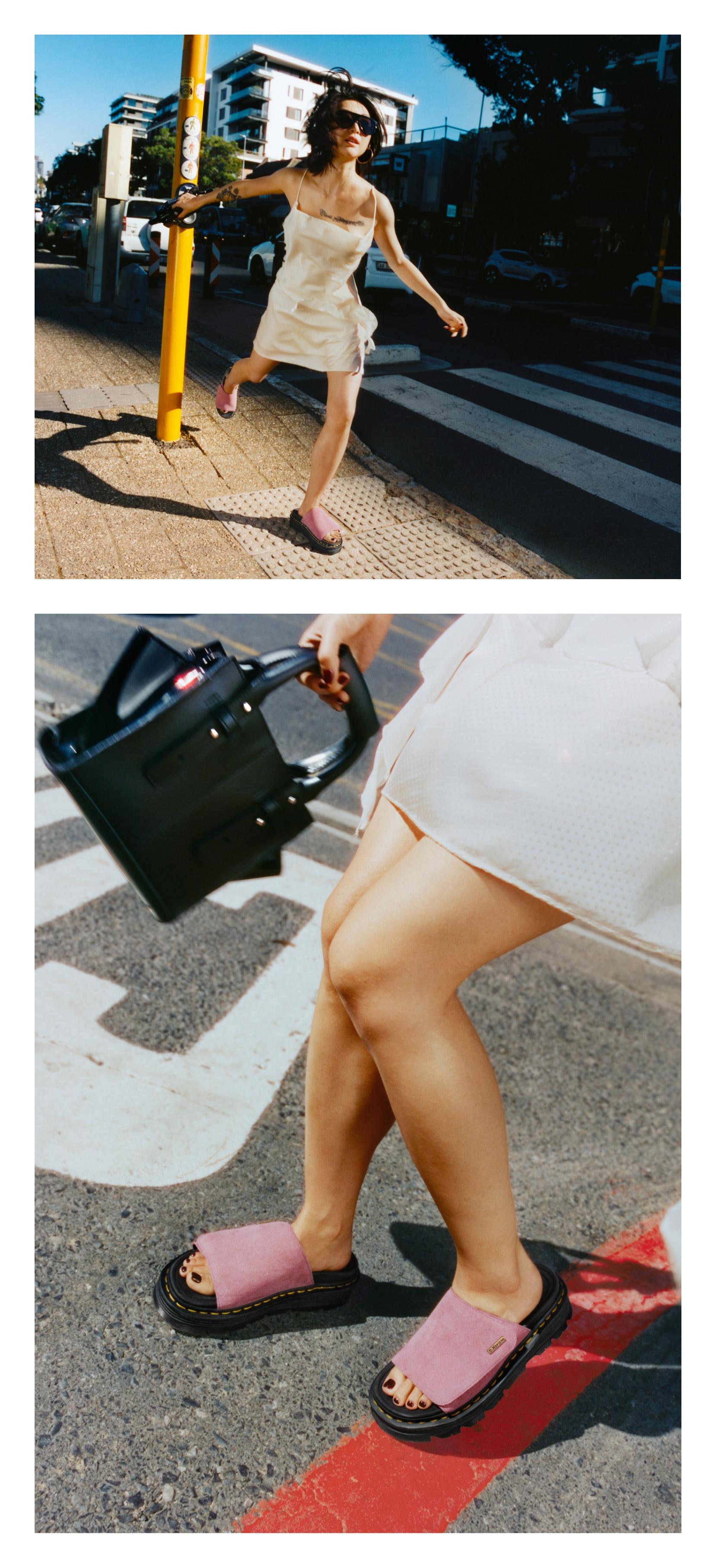 Banner showcasing a stylish outfit idea featuring the Zebzag Slide sandals and a close up shot of them