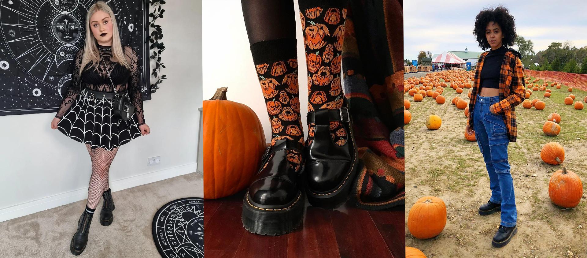 Four Halloween outfit ideas styling Dr. Martens boots and shoes