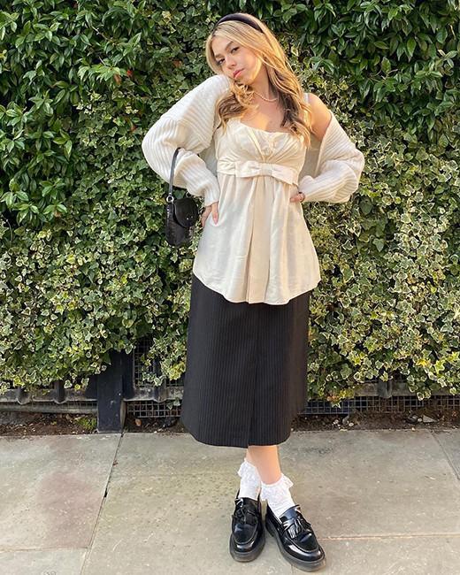Outfit idea with dress styled with black loafers<br />