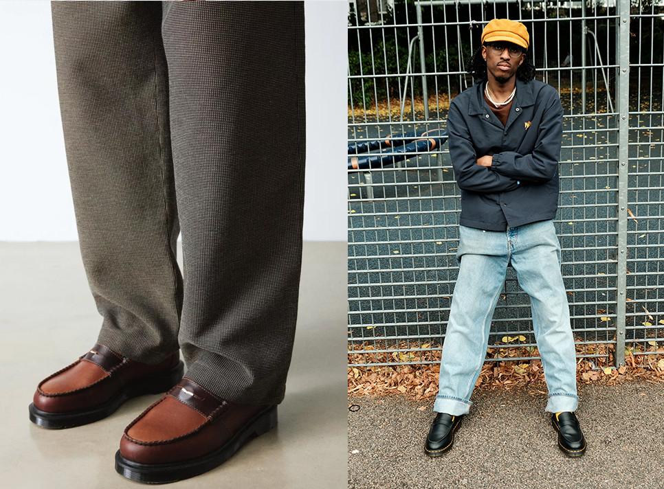 Close up view of a brown penton loafer and an outfit idea showing jeans styled with black loafers