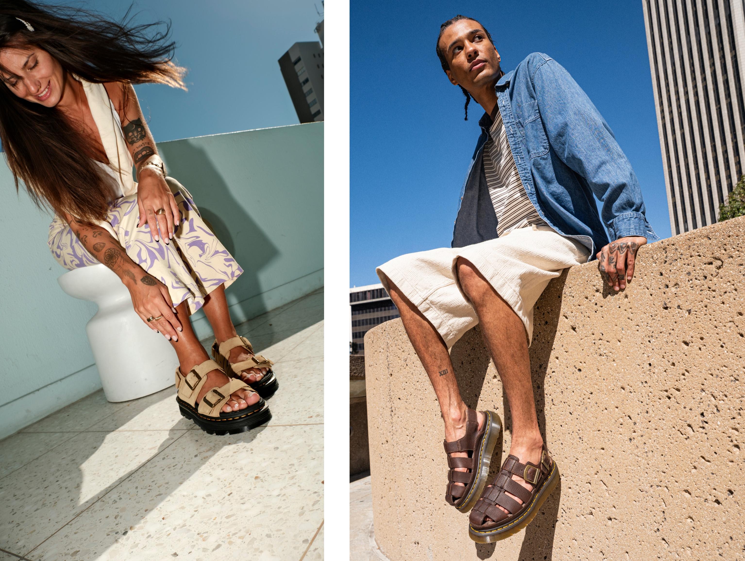 Two stylish outfit ideas featuring Dr. Martens Zebzag sandals
