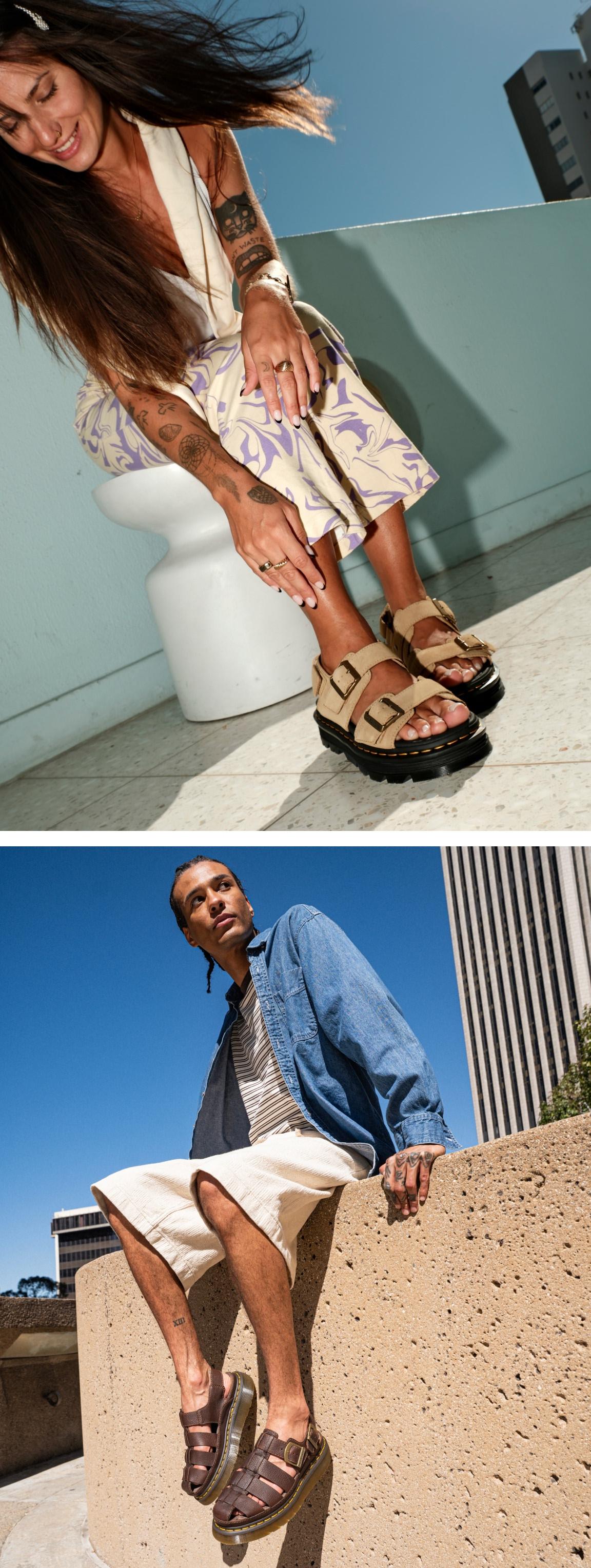 Two stylish outfit ideas featuring Dr. Martens Zebzag sandals