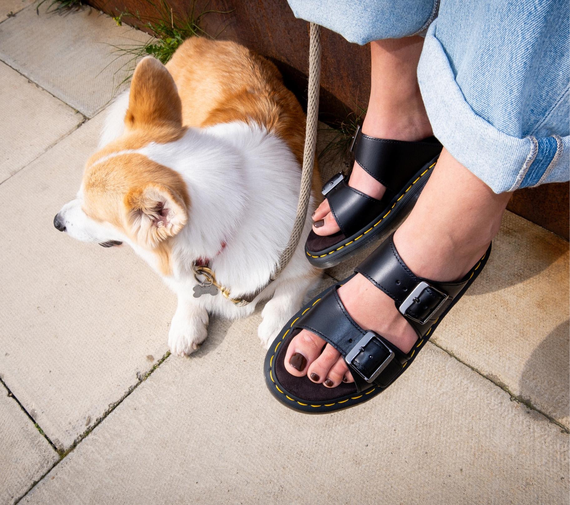 Woman with her dog wearing the Josef Analine Leather Buckle Slide Sandals