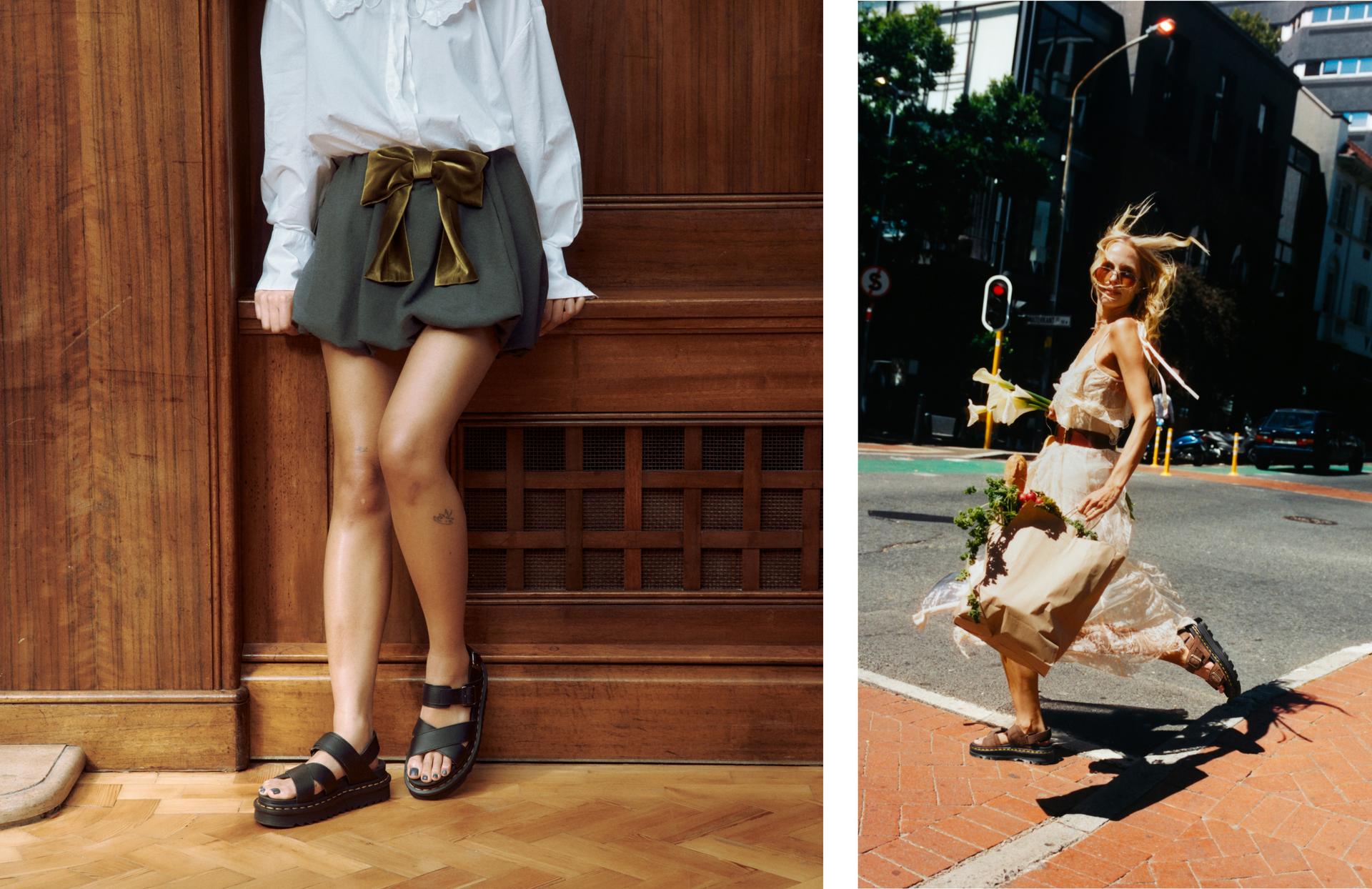 Banner showcasing two stylish outfit ideas featuring Zebzag leather sandals