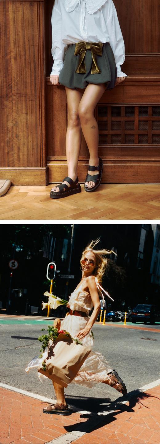 Banner showcasing two stylish outfit ideas featuring Zebzag leather sandals