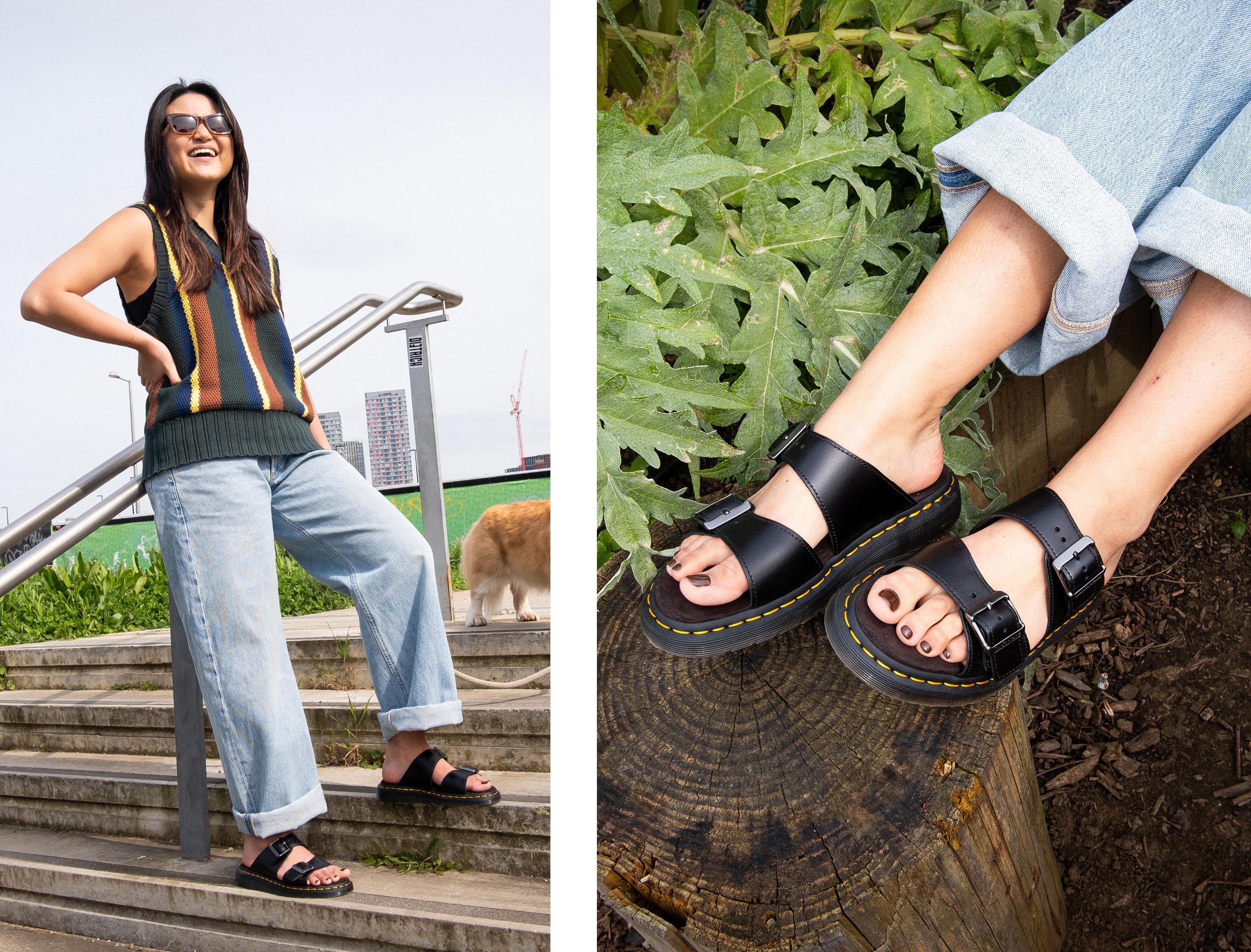 Two stylish outfit ideas featuring Dr. Martens slides