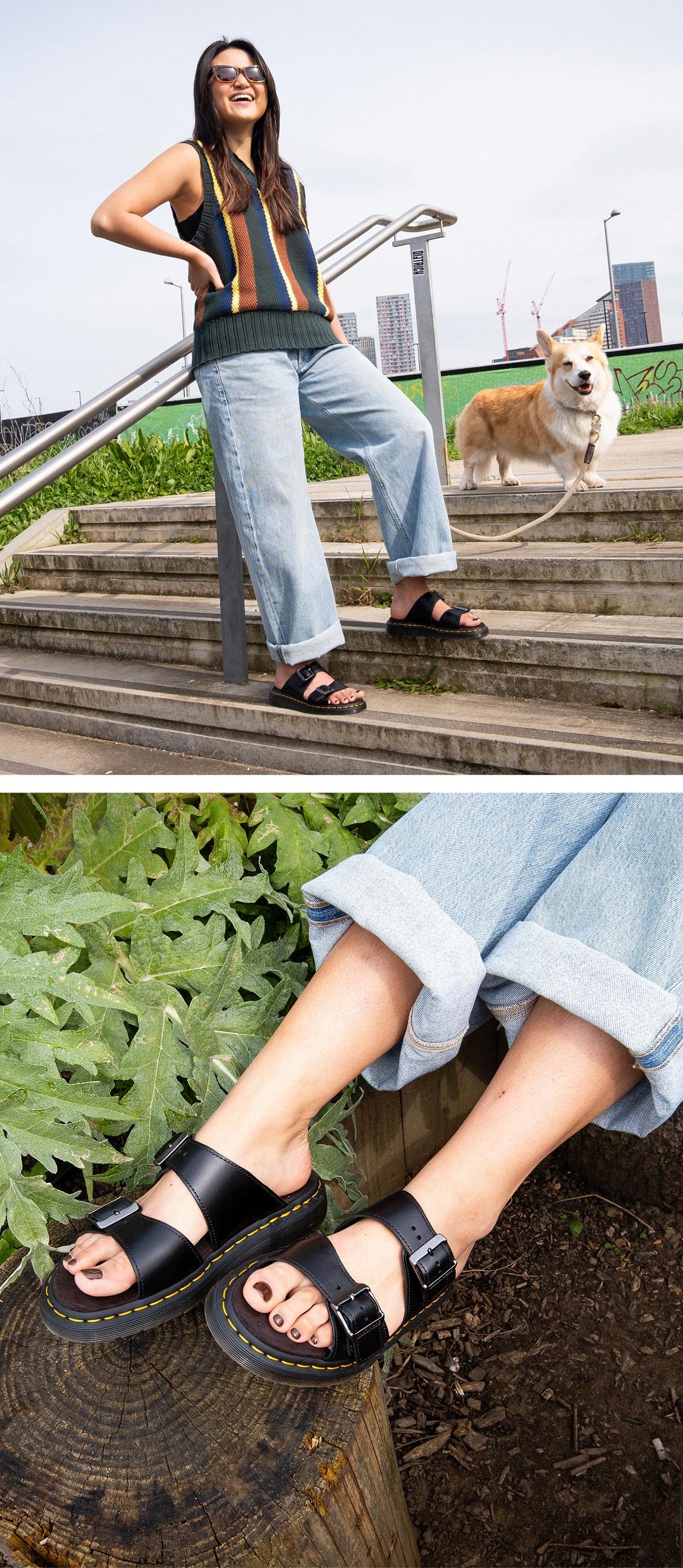 Two stylish outfit ideas featuring Dr. Martens slides