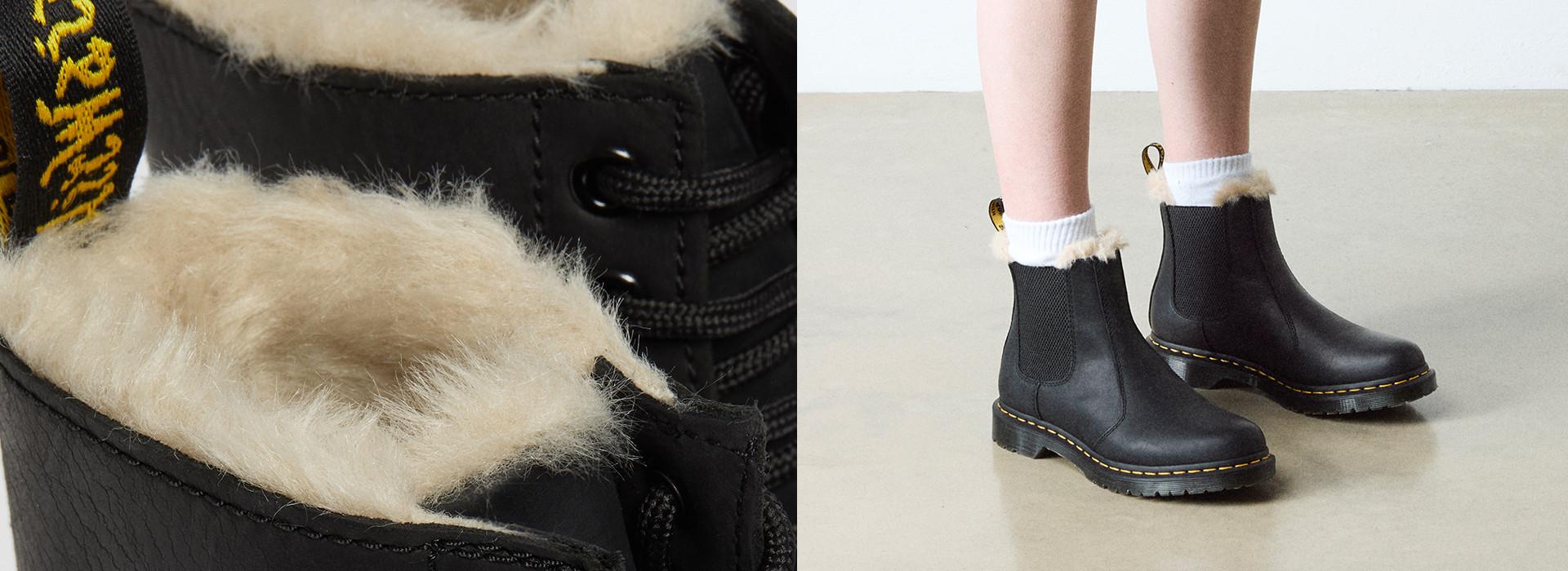 Close ups of Dr. Martens Fur Lined Boots