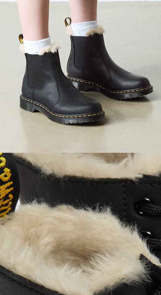 Close ups of Dr. Martens Fur Lined Boots
