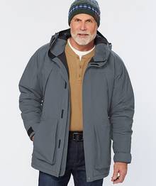 Man wearing a grey winter jacket.