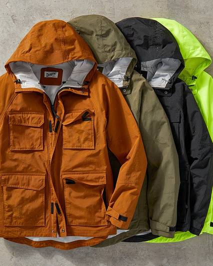Sylized laydown of men's rain jackets