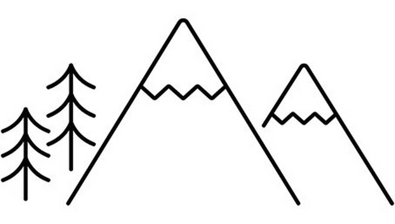 Line art drawing of mountains and trees