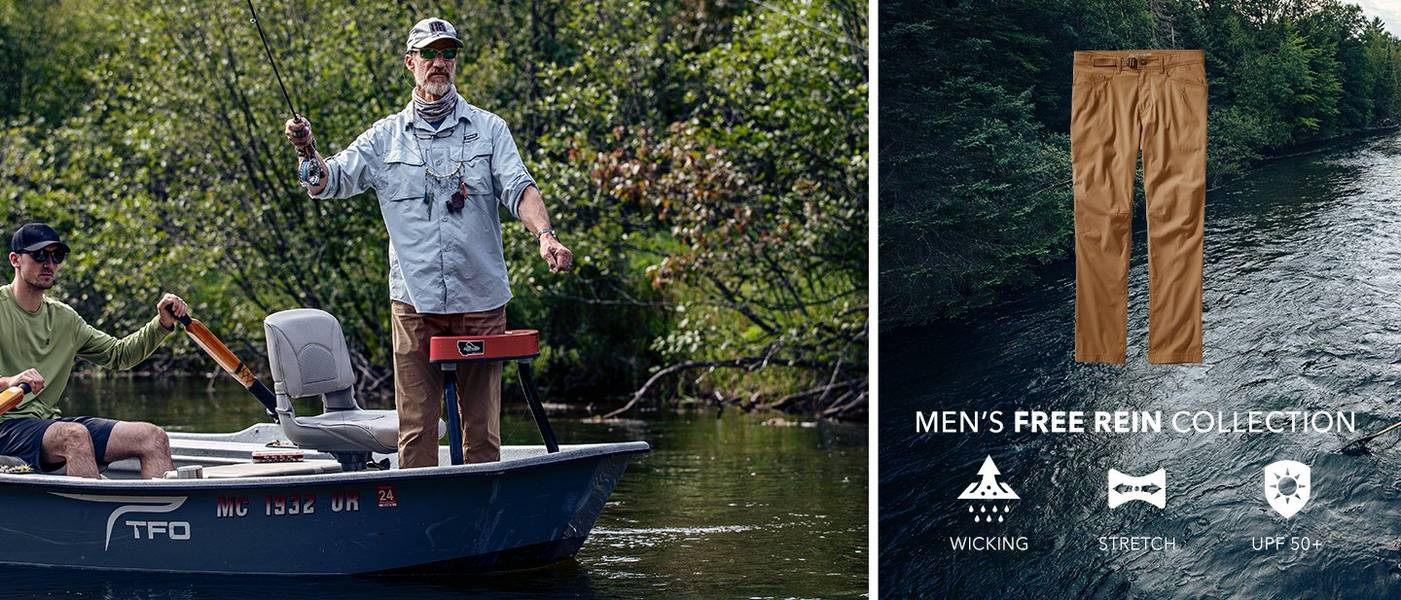 Two men fishing in Michigan; Free Rein pants feature