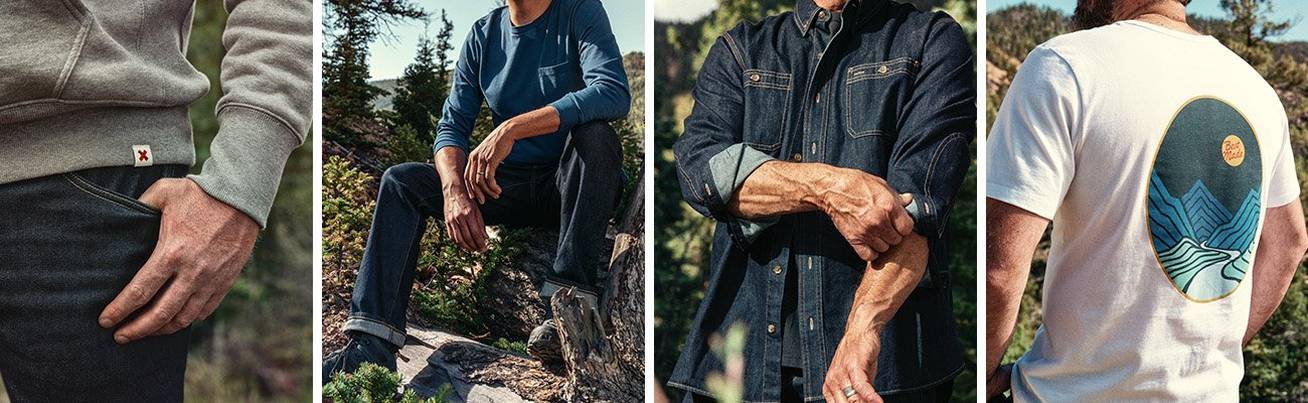 A collage of close-up images of different Best Made clothing. From left to right, a close-up of a gray sweatshirt with a best made X tag on the hem; a man in a long blue sleeved shirt and jeans sitting outdoors; a man rolling up the sleeves of a denim shirt; the back of a white graphic t-shirt with a stylized mountain scene