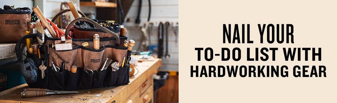Nail your to-do list with hardworking gear. A fire hose tool bag sits full to the brim on a workshop bench
