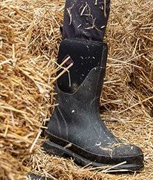 A close up of a black boot