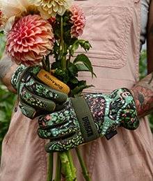 A close up of floral patterned gloves