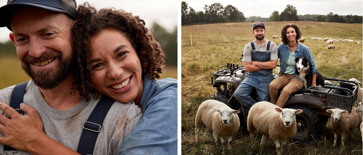 Dan and Shankari sitting next to their sheep