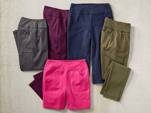 A collection of noga pants, shorts and capris