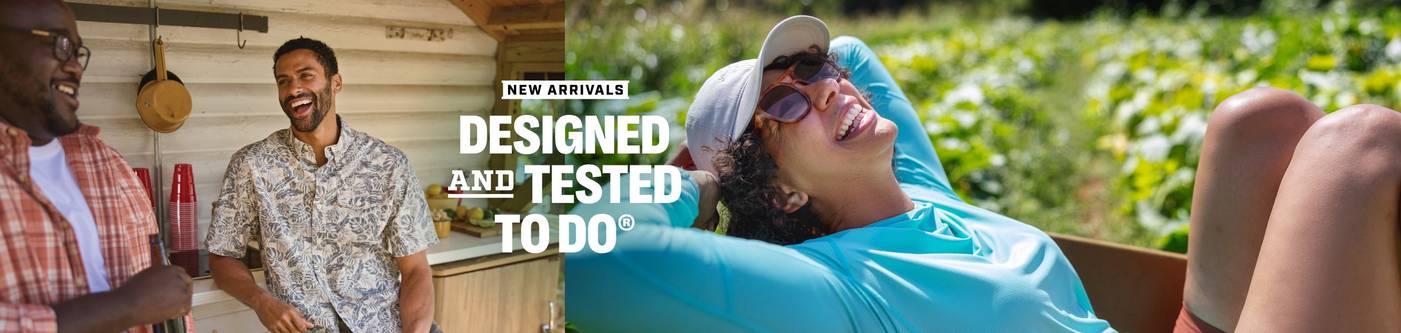 Headline: New Arrivals Designed and Tested To Do. Two men laughing and a woman laying in the sun
