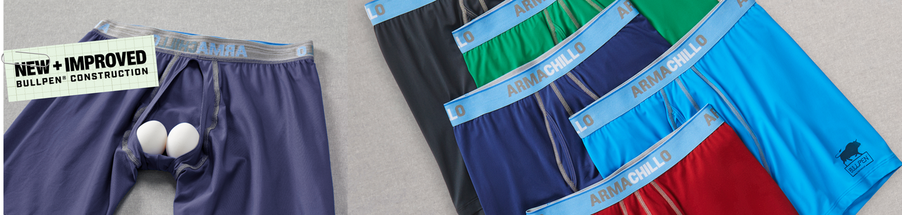 Headline: New and Improved Bullpen Construction. Men's underwear with eggs in crotch.