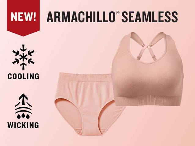 New armachillo® seamless, photo of women's bra and underwear, with cooling and wicking icons