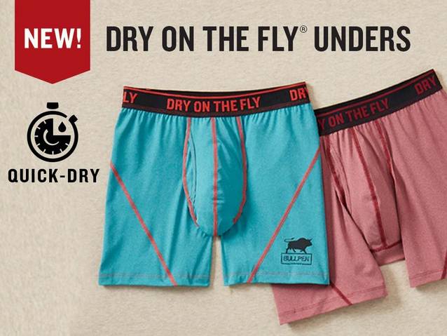 New dry on the fly® unders, photo of two pairs of boxer briefs, with a quick-dry icon